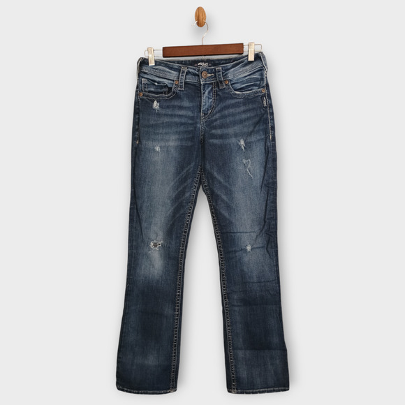 Silver Jeans Women's Blue 28x31 Suki High Slim Boot Cut Fluid Stretch Distressed - Picture 1 of 16